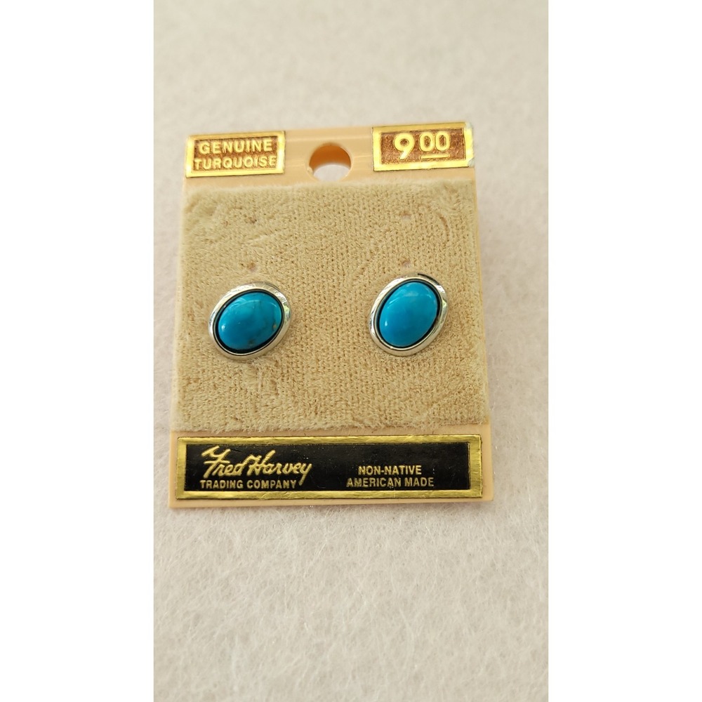 FRED HARVEY TRADING CO Genuine Turquoise Oval Stud Earrings Original Card
